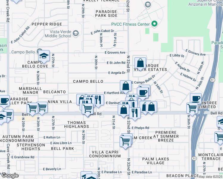 map of restaurants, bars, coffee shops, grocery stores, and more near 3049 East Campo Bello Drive in Phoenix