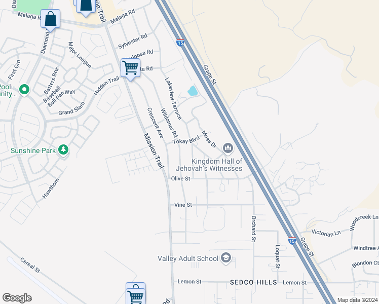 map of restaurants, bars, coffee shops, grocery stores, and more near 32857 Valley View Avenue in Lake Elsinore