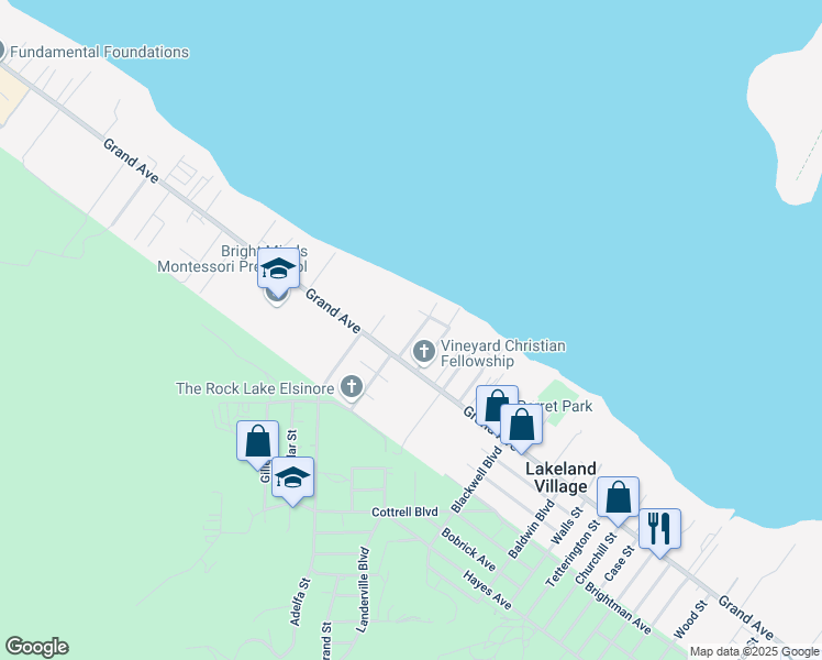 map of restaurants, bars, coffee shops, grocery stores, and more near 32945 Rose Avenue in Lake Elsinore