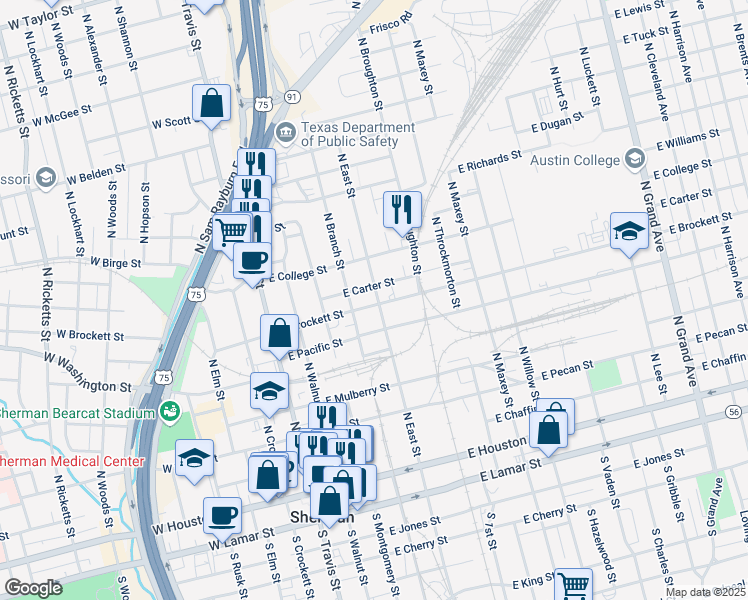 map of restaurants, bars, coffee shops, grocery stores, and more near 701 North East Street in Sherman