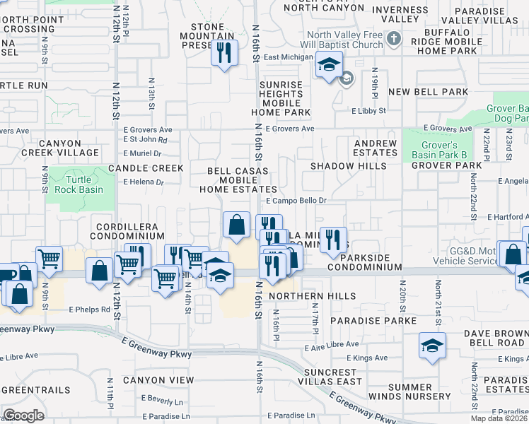 map of restaurants, bars, coffee shops, grocery stores, and more near 17237 North 15th Place in Phoenix