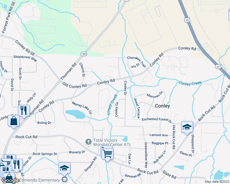 map of restaurants, bars, coffee shops, grocery stores, and more near 4079 Conley Drive in Conley