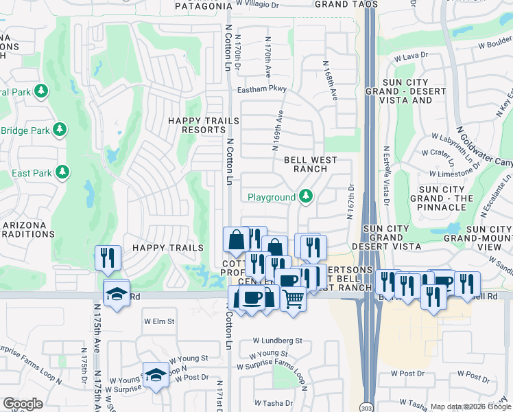 map of restaurants, bars, coffee shops, grocery stores, and more near 17029 West Bradford Way in Surprise