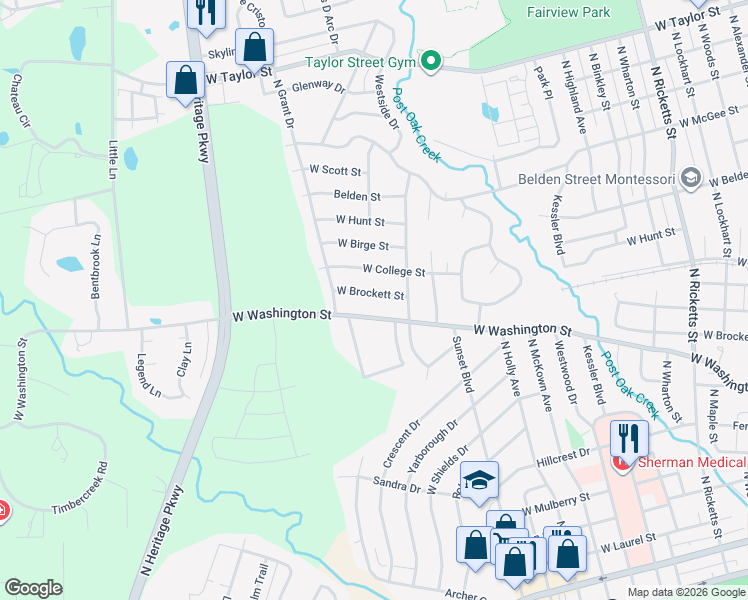 map of restaurants, bars, coffee shops, grocery stores, and more near 1712 West Brockett Street in Sherman