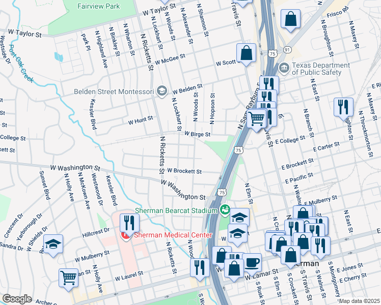map of restaurants, bars, coffee shops, grocery stores, and more near 904 North Woods Street in Sherman