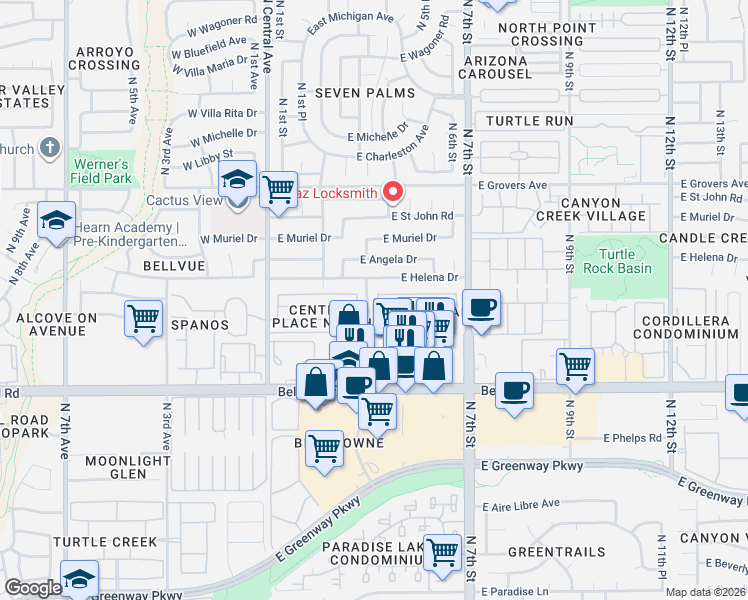 map of restaurants, bars, coffee shops, grocery stores, and more near 17238 North 3rd Place in Phoenix