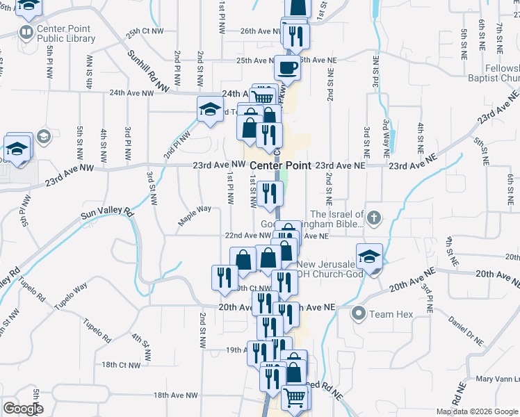 map of restaurants, bars, coffee shops, grocery stores, and more near 2217 1st Street Northwest in Center Point