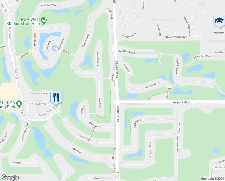 map of restaurants, bars, coffee shops, grocery stores, and more near 56027 Winged Foot in La Quinta