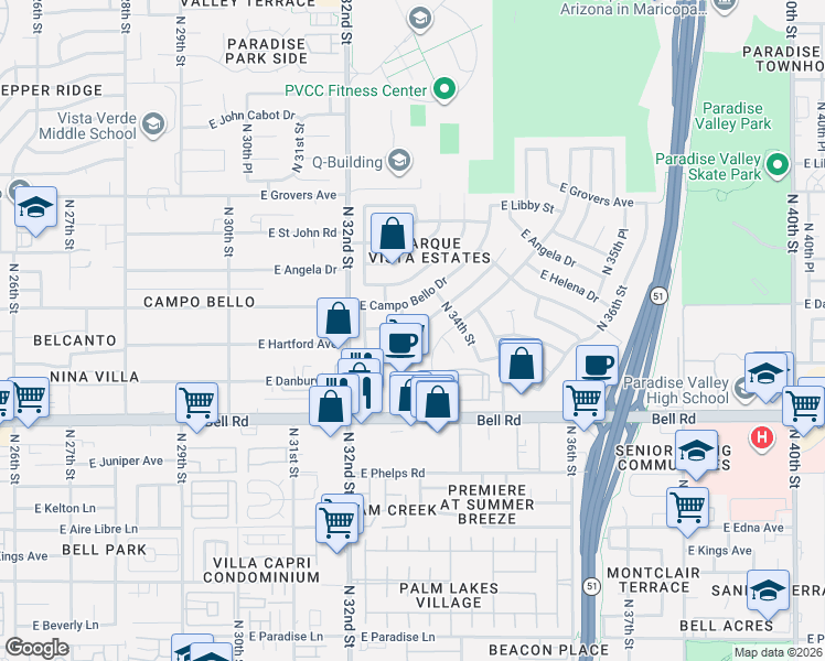 map of restaurants, bars, coffee shops, grocery stores, and more near 3318 East Anderson Drive in Phoenix