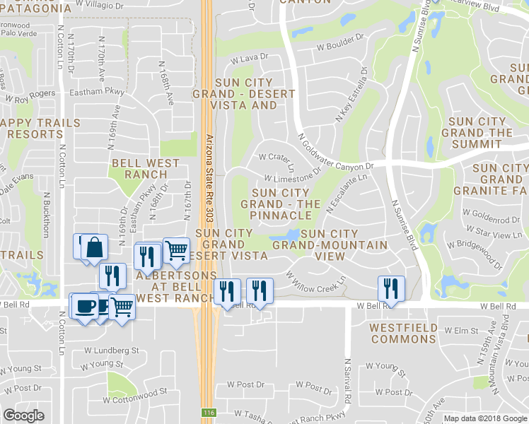 map of restaurants, bars, coffee shops, grocery stores, and more near 16439 West Quarry Court in Surprise