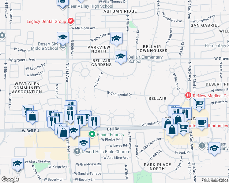 map of restaurants, bars, coffee shops, grocery stores, and more near 4652 West Continental Drive in Glendale