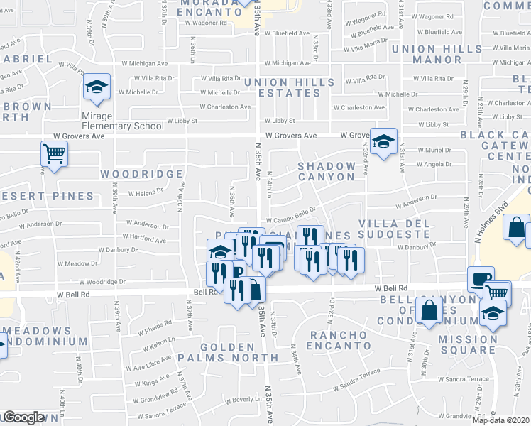 map of restaurants, bars, coffee shops, grocery stores, and more near 17412 N 34th Ln in Phoenix