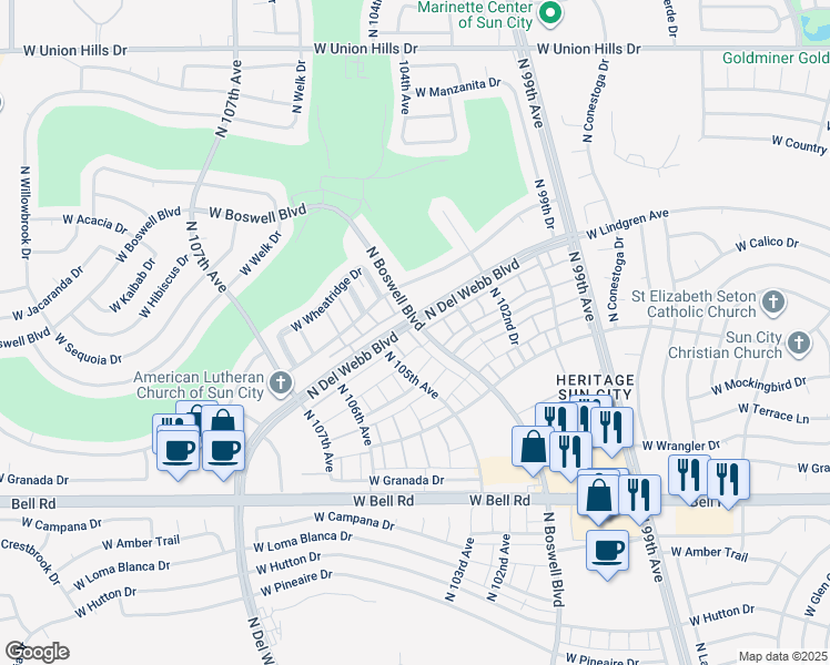 map of restaurants, bars, coffee shops, grocery stores, and more near 17455 Boswell Boulevard in Sun City