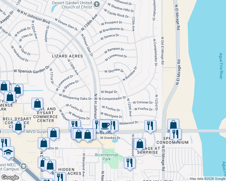 map of restaurants, bars, coffee shops, grocery stores, and more near 12526 West Regal Drive in Sun City West