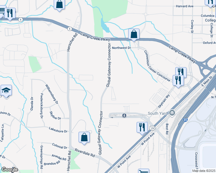 map of restaurants, bars, coffee shops, grocery stores, and more near 4100 Global Gateway Connector in College Park