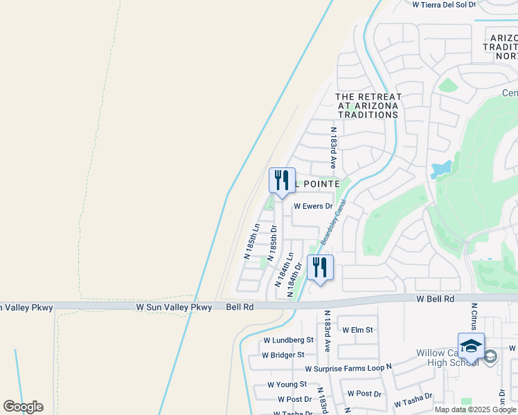 map of restaurants, bars, coffee shops, grocery stores, and more near 17496 North 185th Lane in Surprise