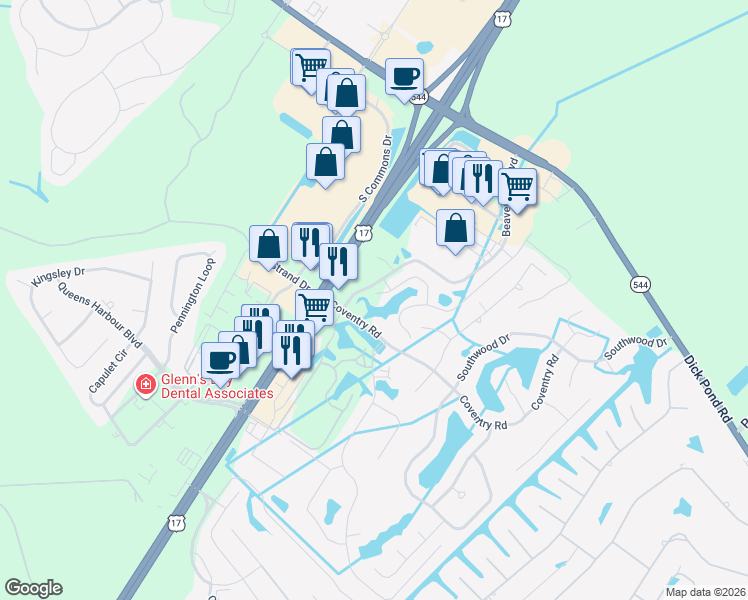 map of restaurants, bars, coffee shops, grocery stores, and more near 255 Hull Street in Surfside Beach
