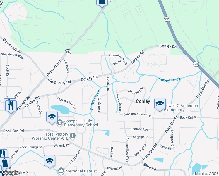 map of restaurants, bars, coffee shops, grocery stores, and more near 4072 Conley Drive in Conley