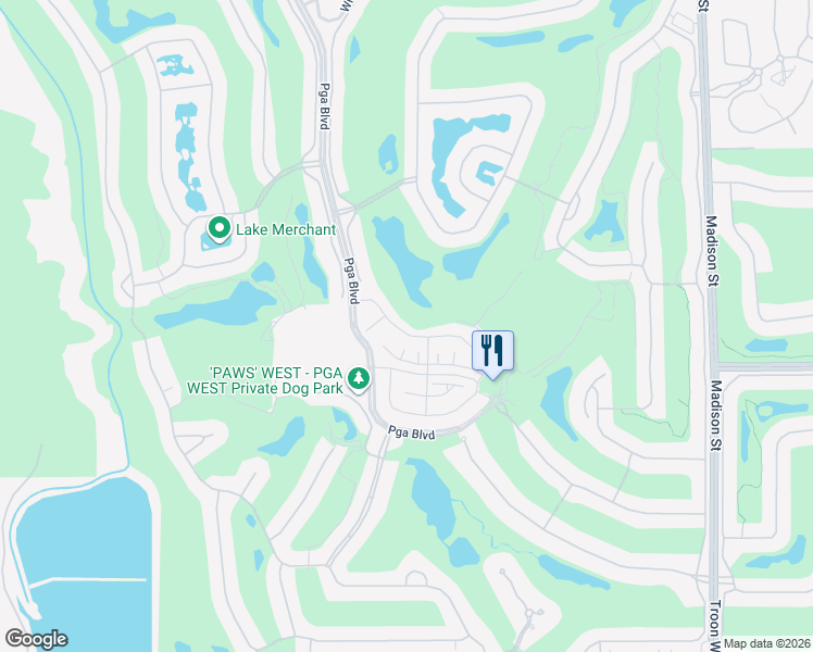 map of restaurants, bars, coffee shops, grocery stores, and more near 80192 Champions Way in La Quinta