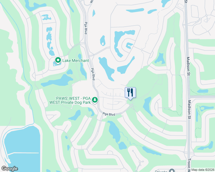 map of restaurants, bars, coffee shops, grocery stores, and more near 80192 Champions Way in La Quinta