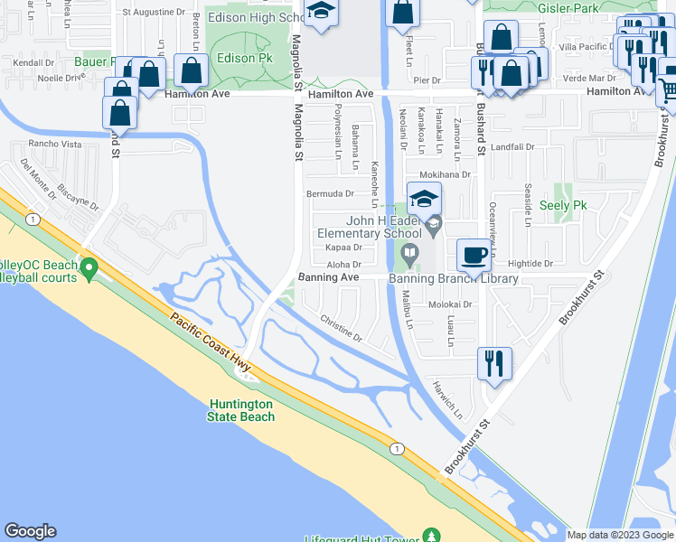 map of restaurants, bars, coffee shops, grocery stores, and more near 9102 Aloha Drive in Huntington Beach