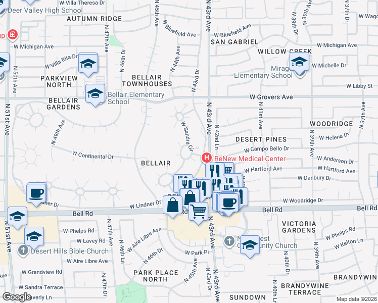 map of restaurants, bars, coffee shops, grocery stores, and more near 4352 West Sandra Circle in Glendale