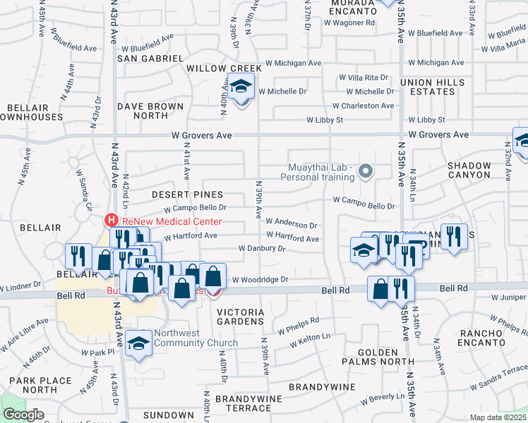 map of restaurants, bars, coffee shops, grocery stores, and more near 3833 West Campo Bello Drive in Glendale