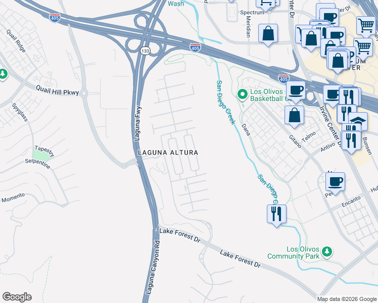 map of restaurants, bars, coffee shops, grocery stores, and more near 51 Umbria in Irvine