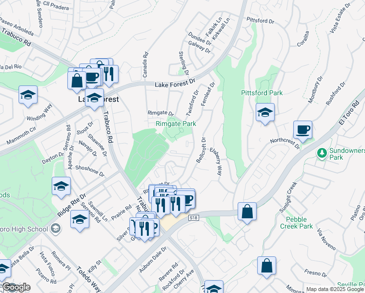 map of restaurants, bars, coffee shops, grocery stores, and more near 21961 Rimhurst Drive in Lake Forest