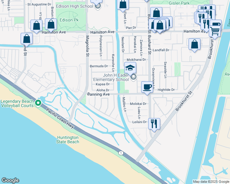 map of restaurants, bars, coffee shops, grocery stores, and more near 9202 Aloha Drive in Huntington Beach