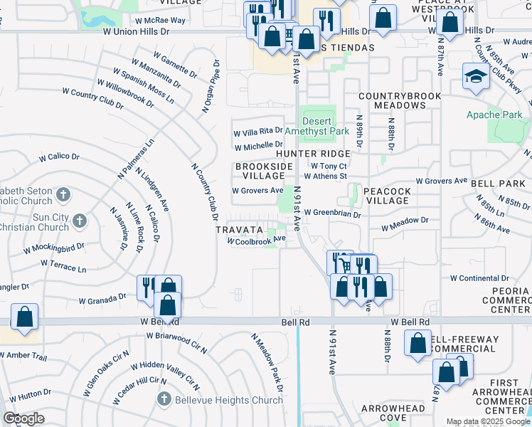 map of restaurants, bars, coffee shops, grocery stores, and more near 9184 West Meadow Drive in Peoria