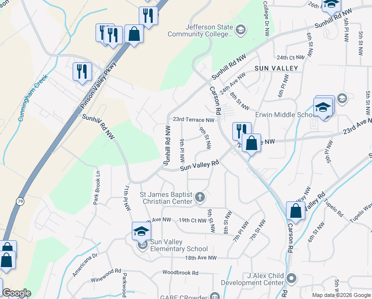 map of restaurants, bars, coffee shops, grocery stores, and more near 2317 9th Place Northwest in Center Point