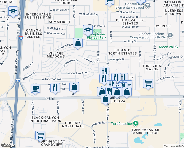 map of restaurants, bars, coffee shops, grocery stores, and more near 1962 West Anderson Drive in Phoenix