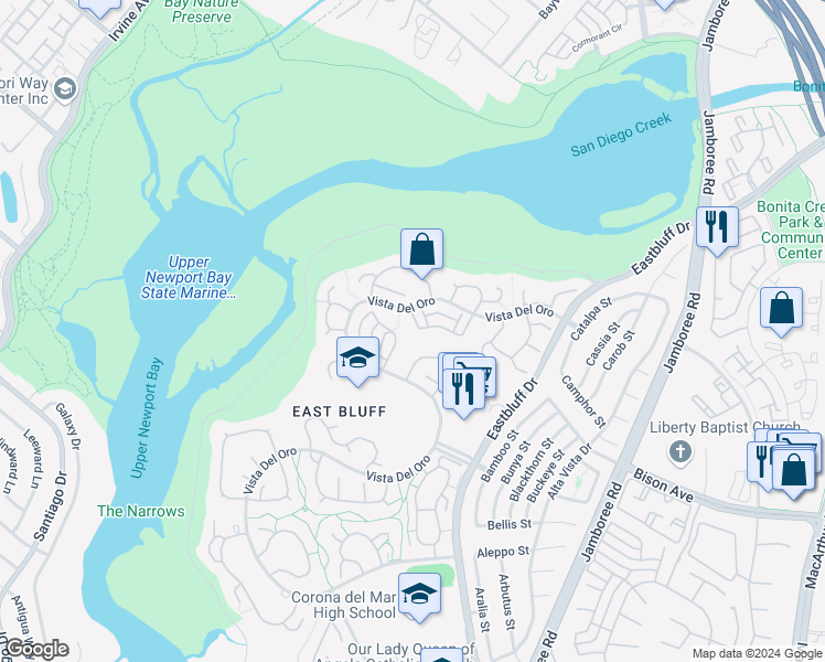 map of restaurants, bars, coffee shops, grocery stores, and more near 315 Vista Suerte in Newport Beach