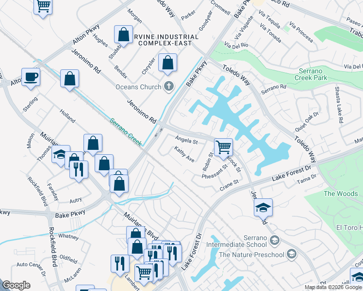 map of restaurants, bars, coffee shops, grocery stores, and more near 21981 Hoi Circle in Lake Forest
