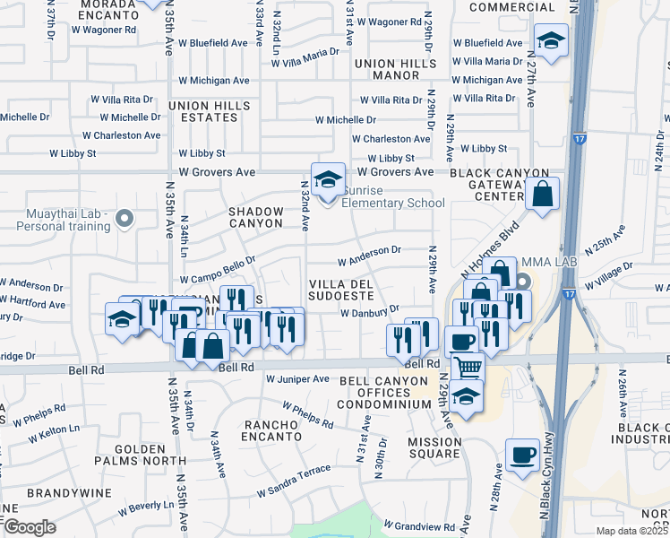 map of restaurants, bars, coffee shops, grocery stores, and more near 3133 West Anderson Drive in Phoenix