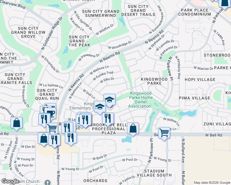 map of restaurants, bars, coffee shops, grocery stores, and more near 15140 West Honeysuckle Lane in Surprise