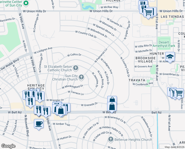 map of restaurants, bars, coffee shops, grocery stores, and more near 17610 North Jasmine Drive in Sun City