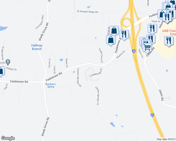 map of restaurants, bars, coffee shops, grocery stores, and more near Chapelridge Cove in Gardendale