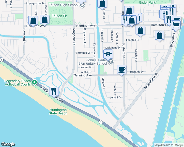 map of restaurants, bars, coffee shops, grocery stores, and more near 9172 Aloha Drive in Huntington Beach