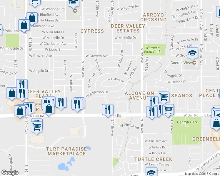 map of restaurants, bars, coffee shops, grocery stores, and more near 1021 West Campo Bello Drive in Phoenix
