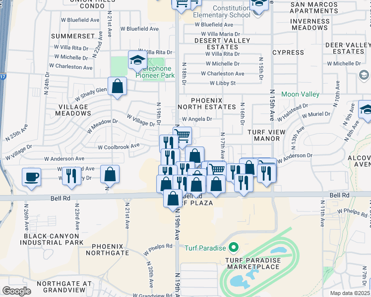 map of restaurants, bars, coffee shops, grocery stores, and more near 17239 North 19th Avenue in Phoenix