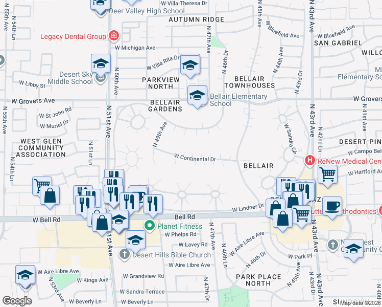 map of restaurants, bars, coffee shops, grocery stores, and more near 4652 West Continental Drive in Glendale
