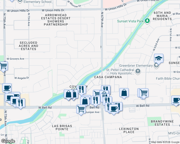 map of restaurants, bars, coffee shops, grocery stores, and more near 6781 West Angela Drive in Glendale