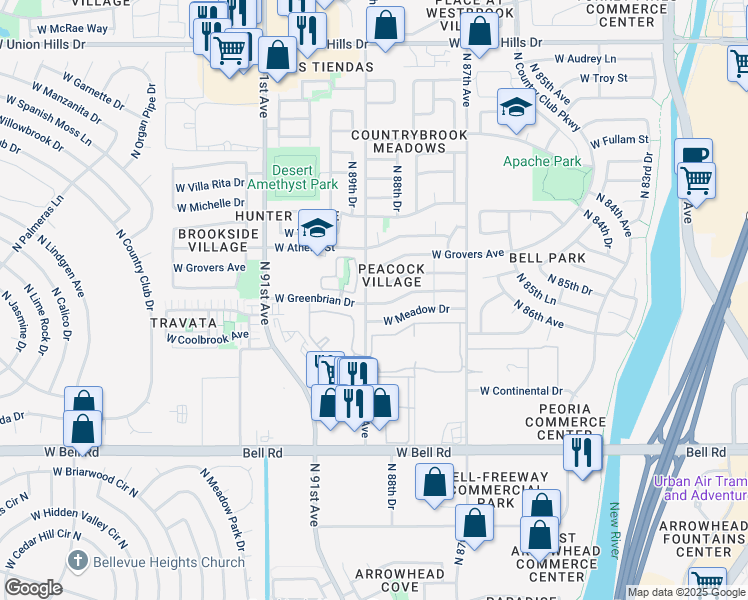 map of restaurants, bars, coffee shops, grocery stores, and more near 8931 West Saint John Road in Peoria
