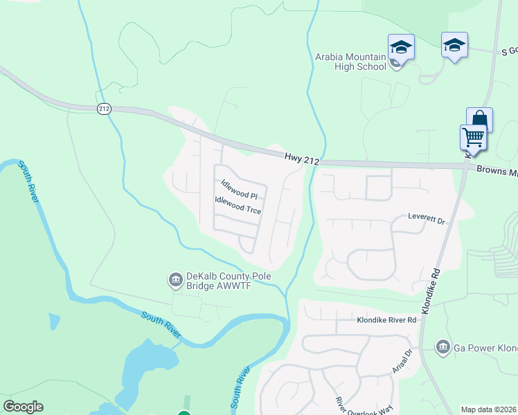 map of restaurants, bars, coffee shops, grocery stores, and more near 6074 Idlewood Trce in Stonecrest