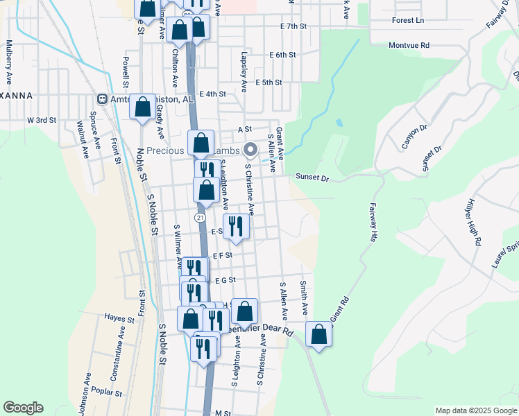map of restaurants, bars, coffee shops, grocery stores, and more near 410 East D Street in Anniston