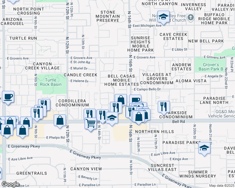 map of restaurants, bars, coffee shops, grocery stores, and more near 1508 East Hartford Avenue in Phoenix