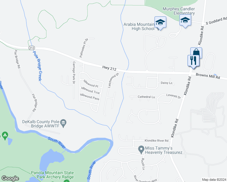 map of restaurants, bars, coffee shops, grocery stores, and more near 4553 Post Ridge Lane in Lithonia