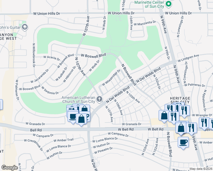 map of restaurants, bars, coffee shops, grocery stores, and more near 17459 North 106th Avenue in Sun City